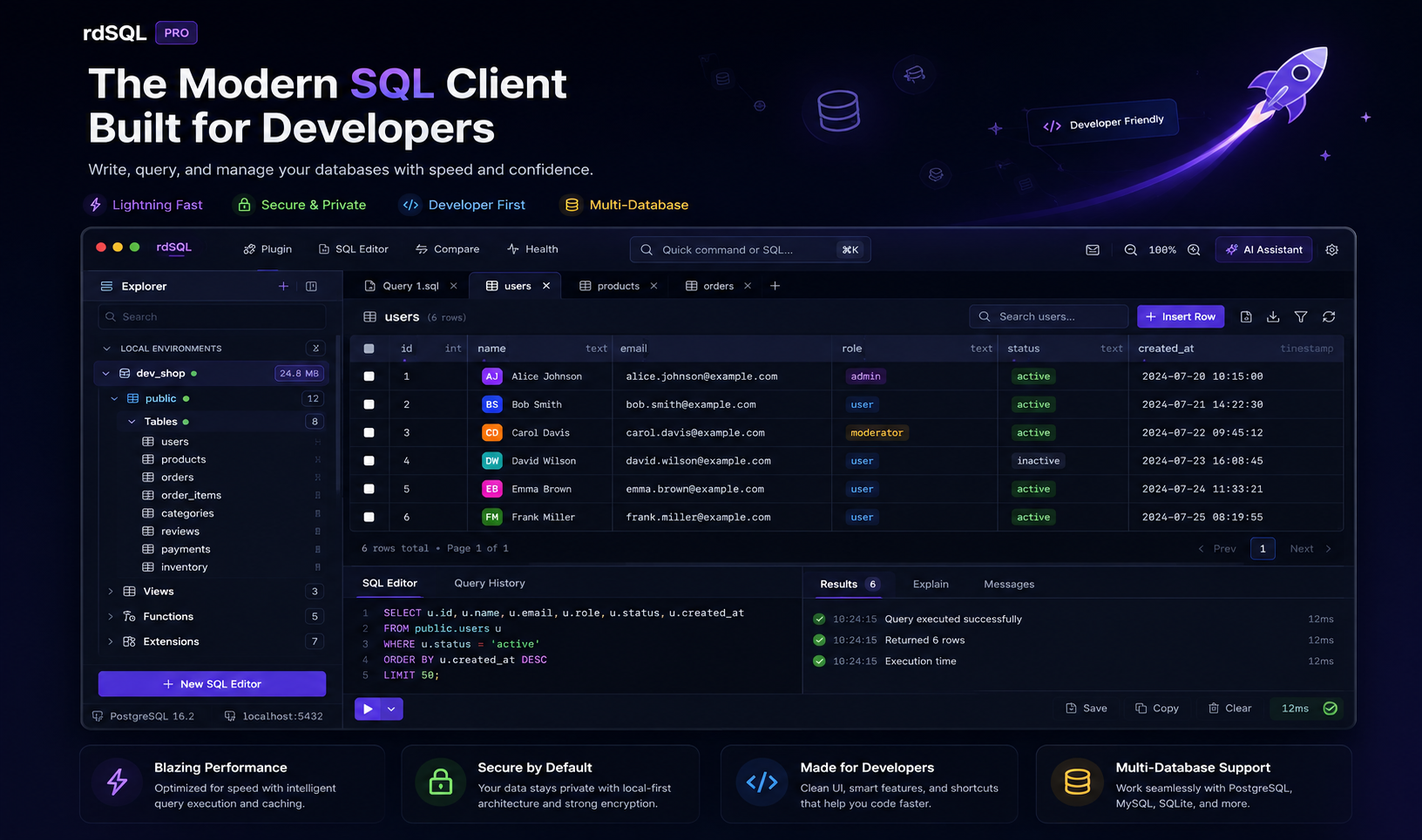 rdSQL Desktop connected to a PostgreSQL database