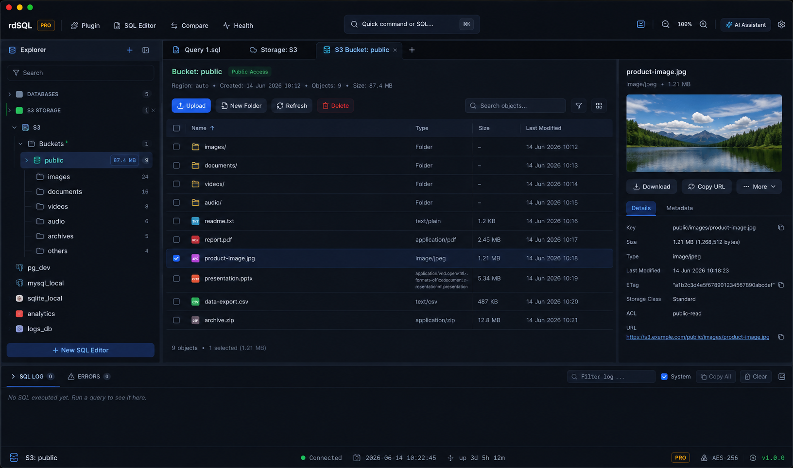 rdSQL Desktop S3-compatible object storage browser — buckets, objects, and transfers alongside your databases